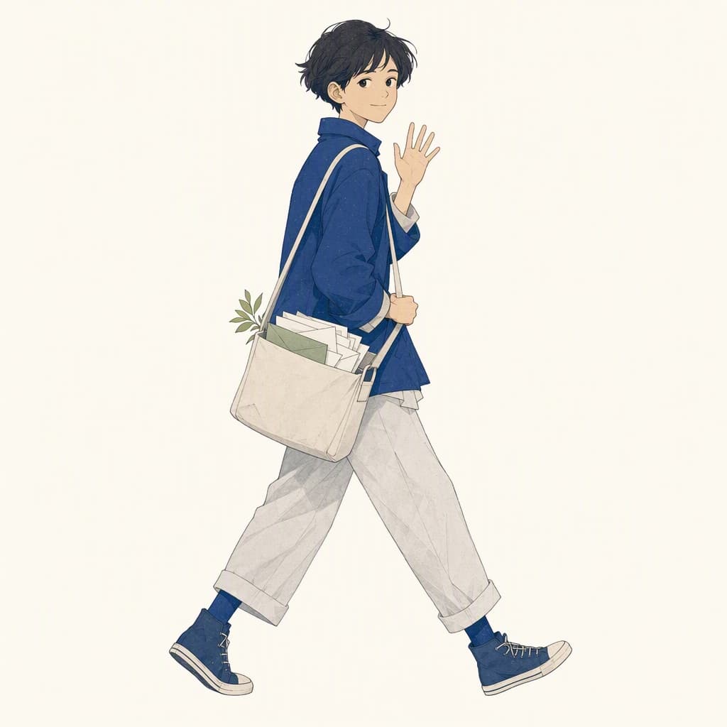 Tomoe, an illustrated messenger in an indigo jacket, waving mid-stride with a satchel of letters.